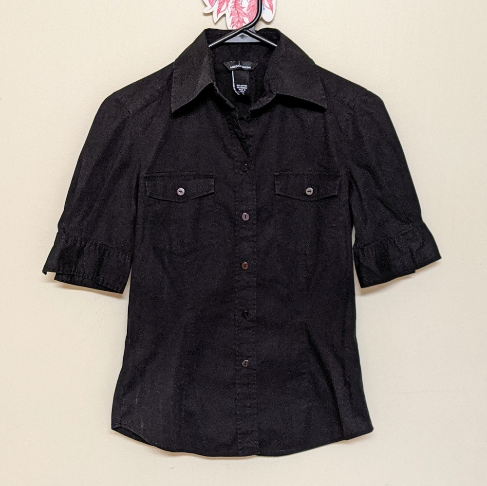 ❤Black Short Sleeve Button Down Moda International